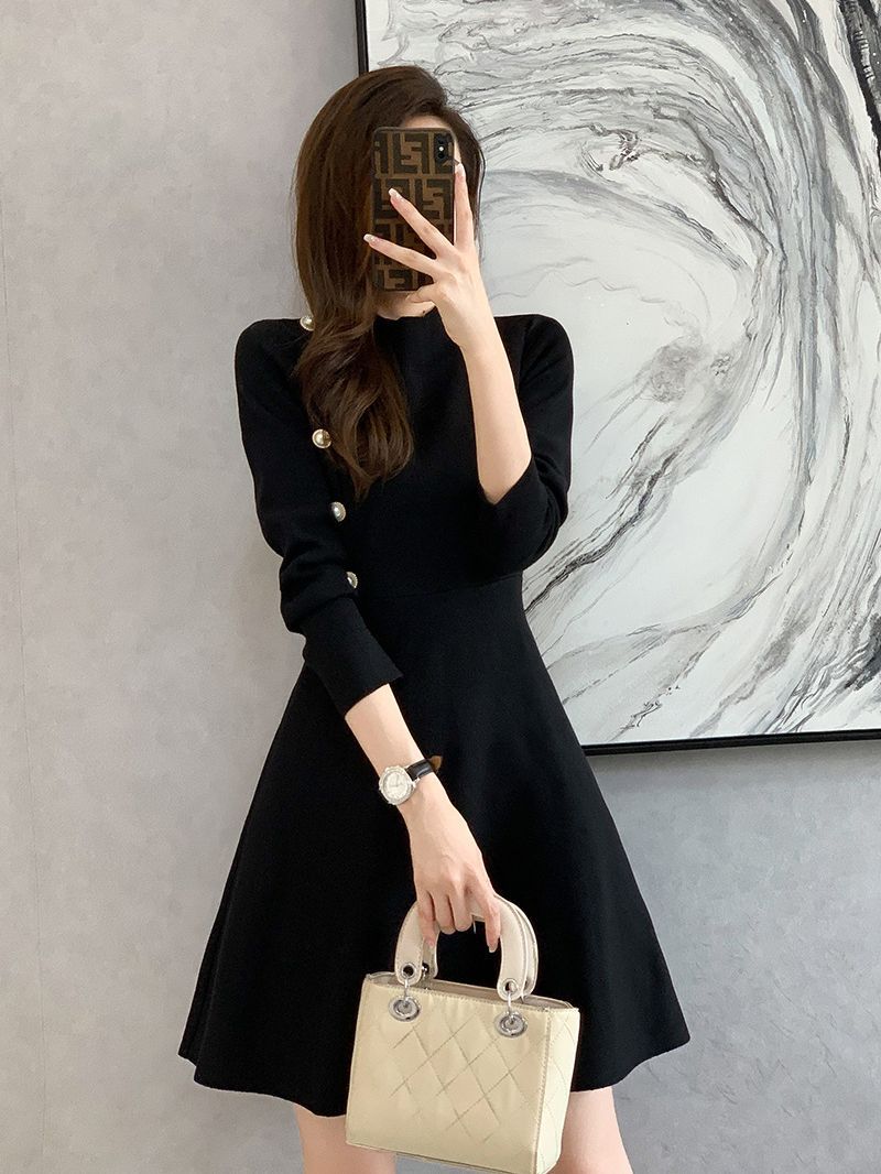 Long Sleeve Mini Dress — Knit Fit and Flare with Mock Neck and Pearl Button Trim