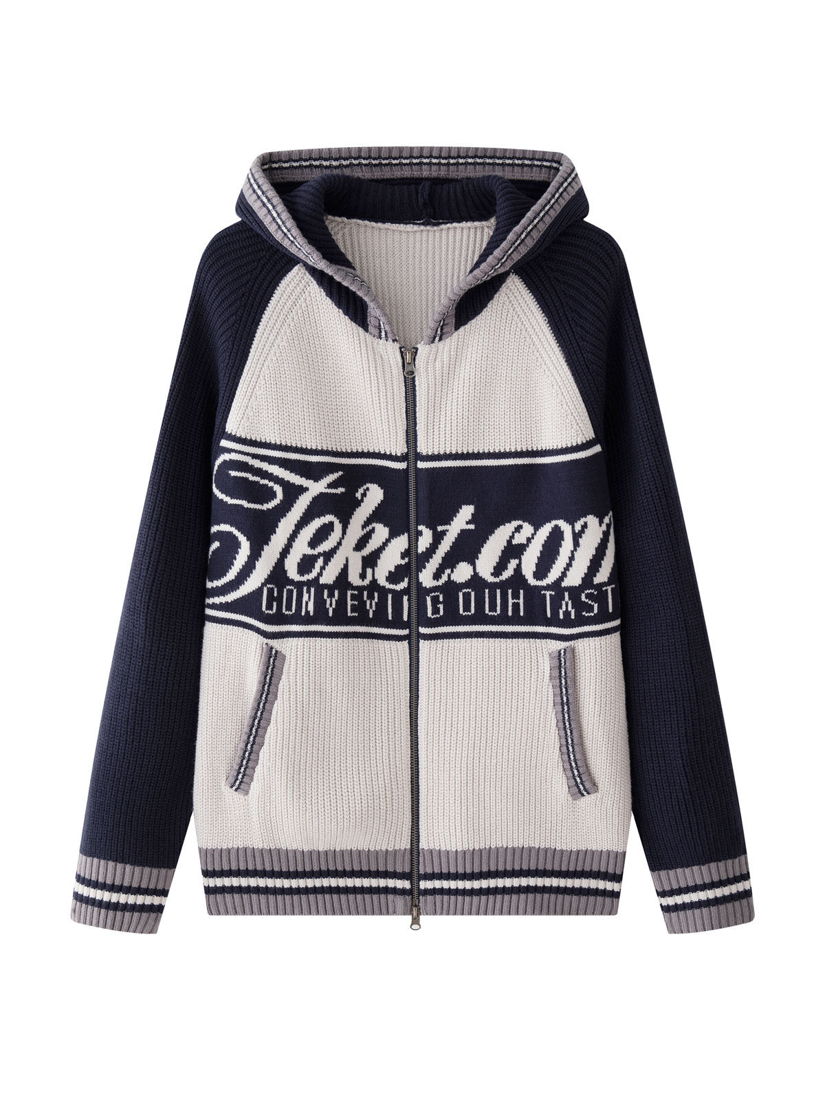 Women’s zip-up hooded sweater, navy and white color-block with front letter text