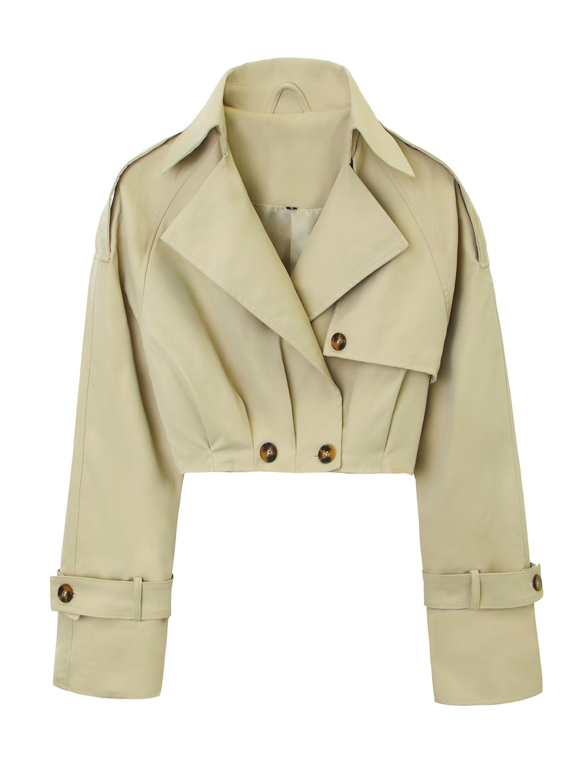 Apricot short double-breasted trench coat, long sleeves, lapel collar, button front