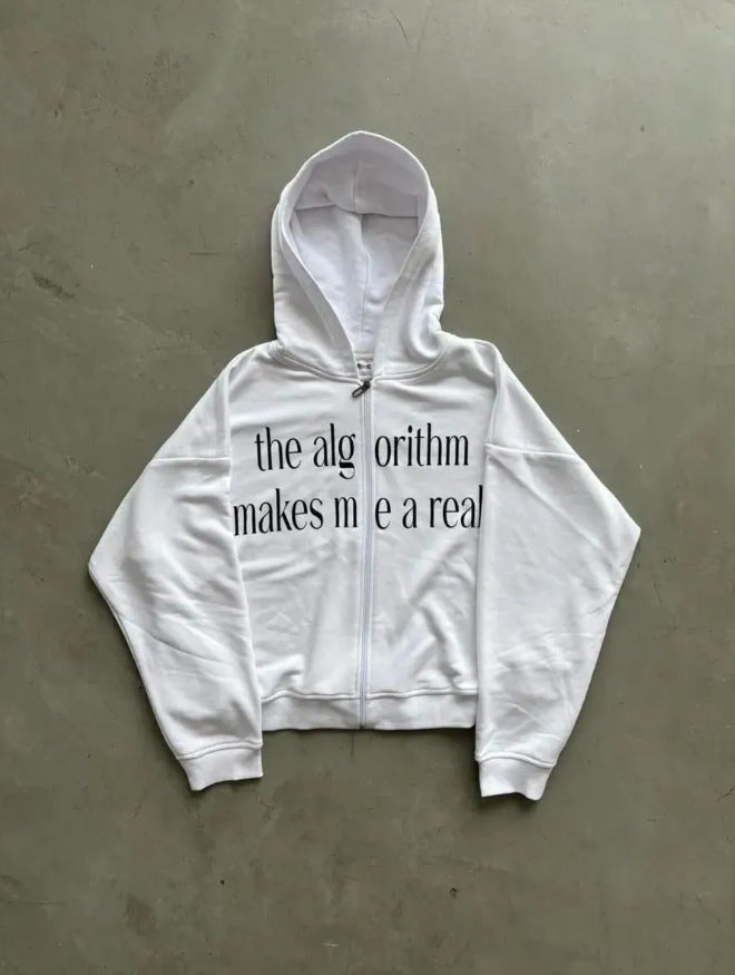 White zip-up hoodie with attached hood and front zipper, black printed slogan