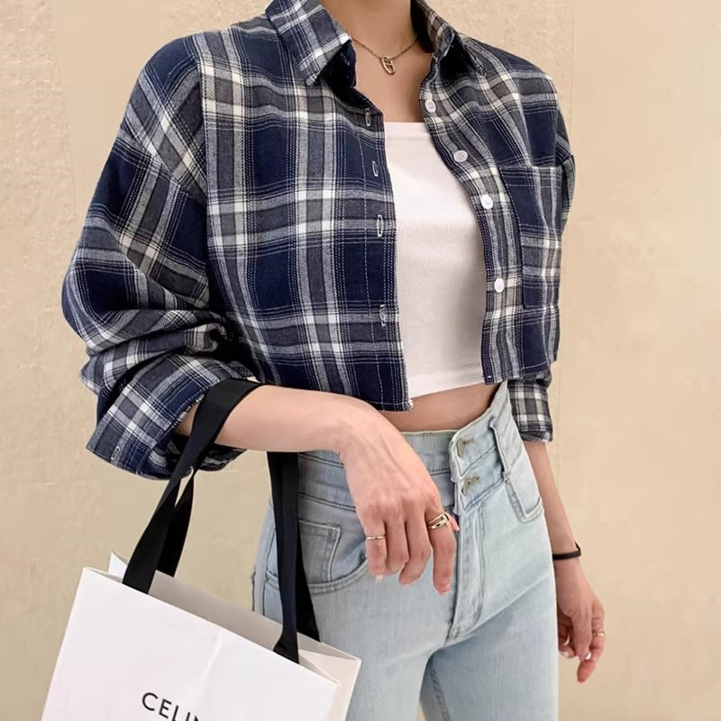 Cropped Plaid Shirt for Women — Button Front Drop Shoulder Layering Top in Cotton