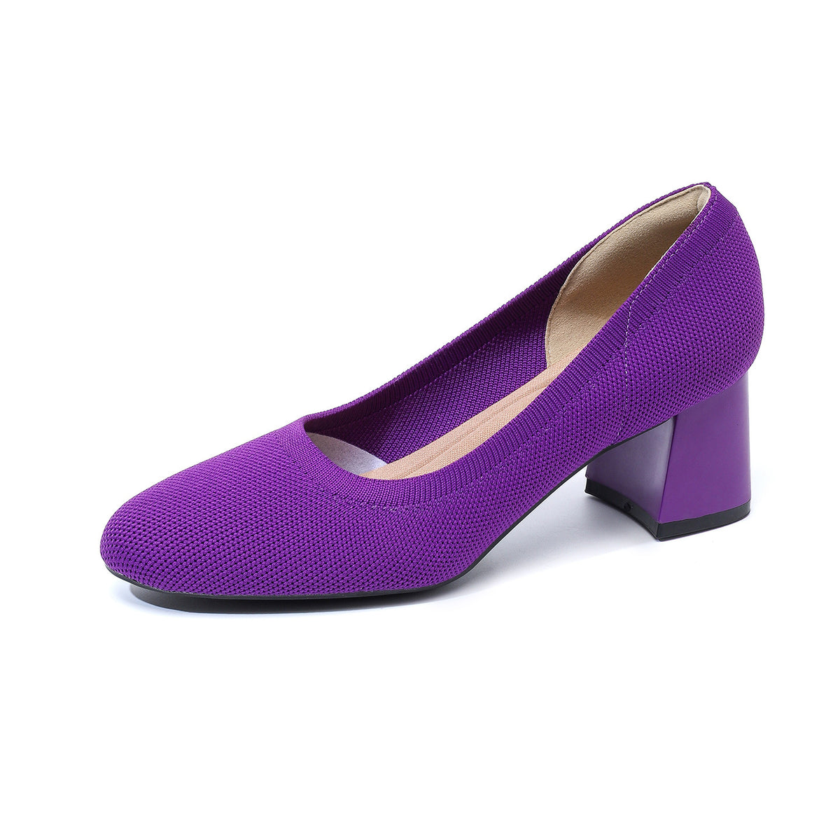Purple knit pointed-toe pumps with chunky block heel