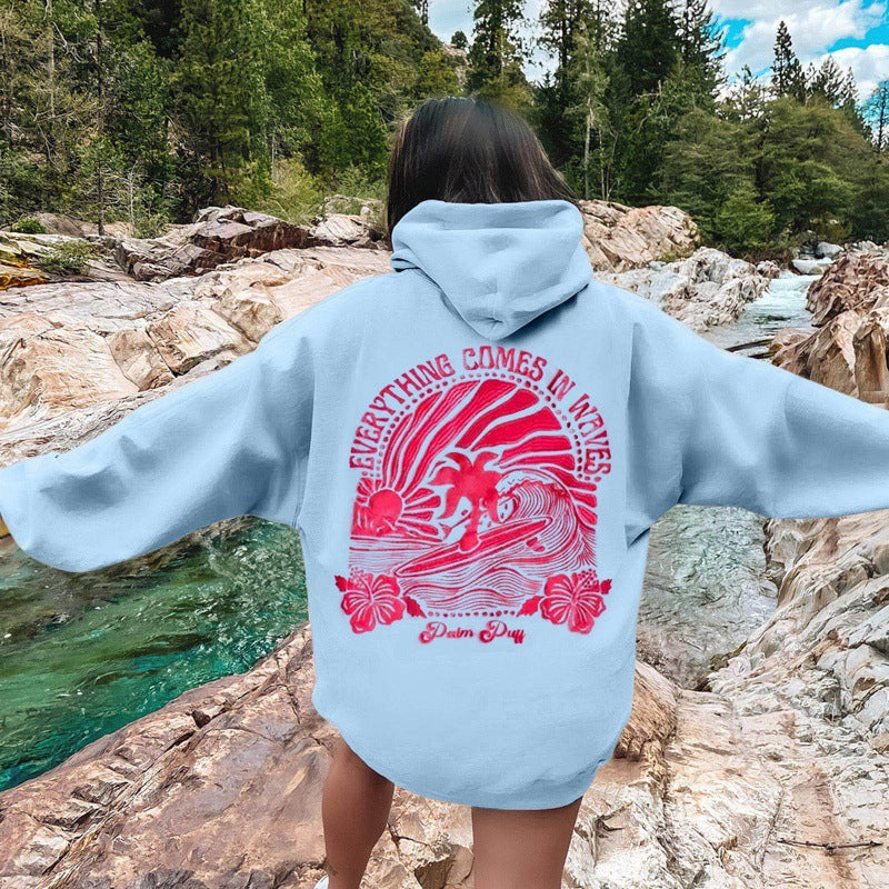 Surf Graphic Hoodie for Women — Oversized Back Print Pullover in Cotton Fleece
