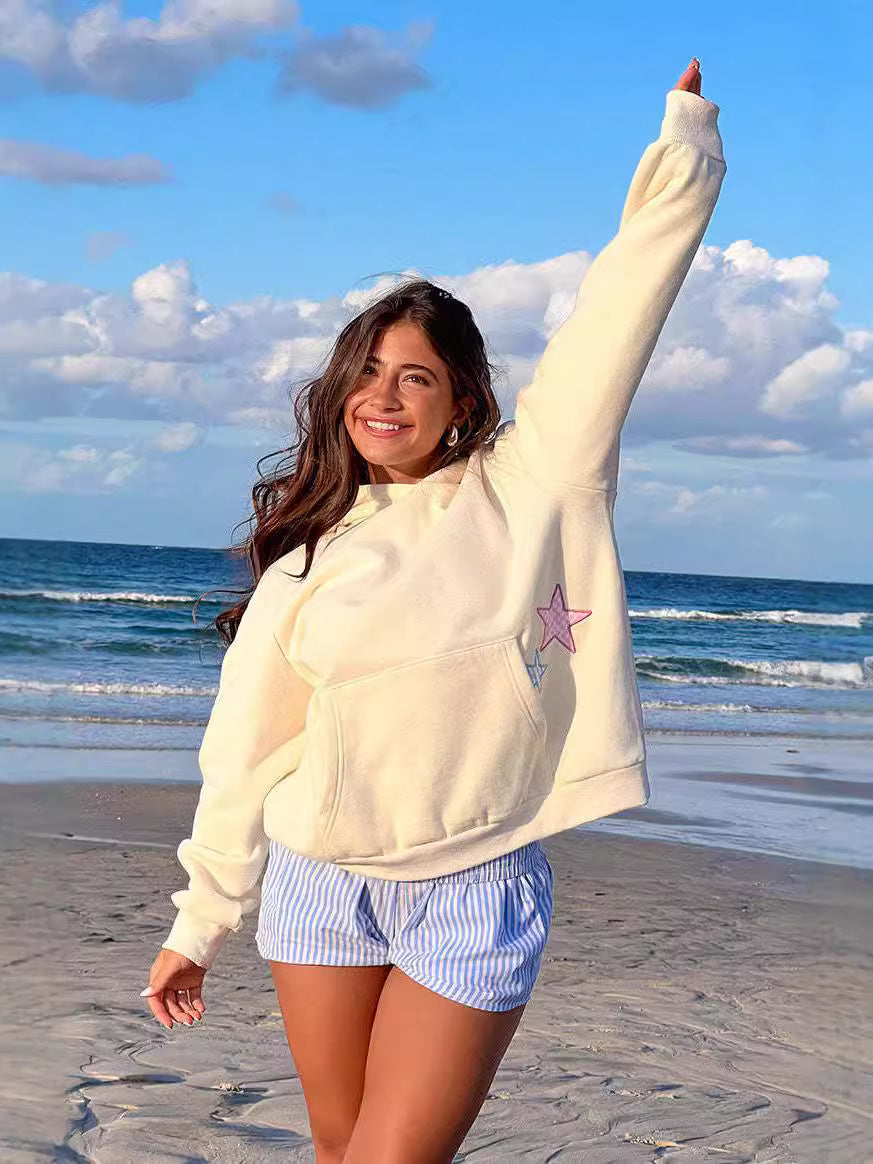 Star Patch Hoodie for Women — Oversized Pullover with Kangaroo Pocket in Cotton Fleece