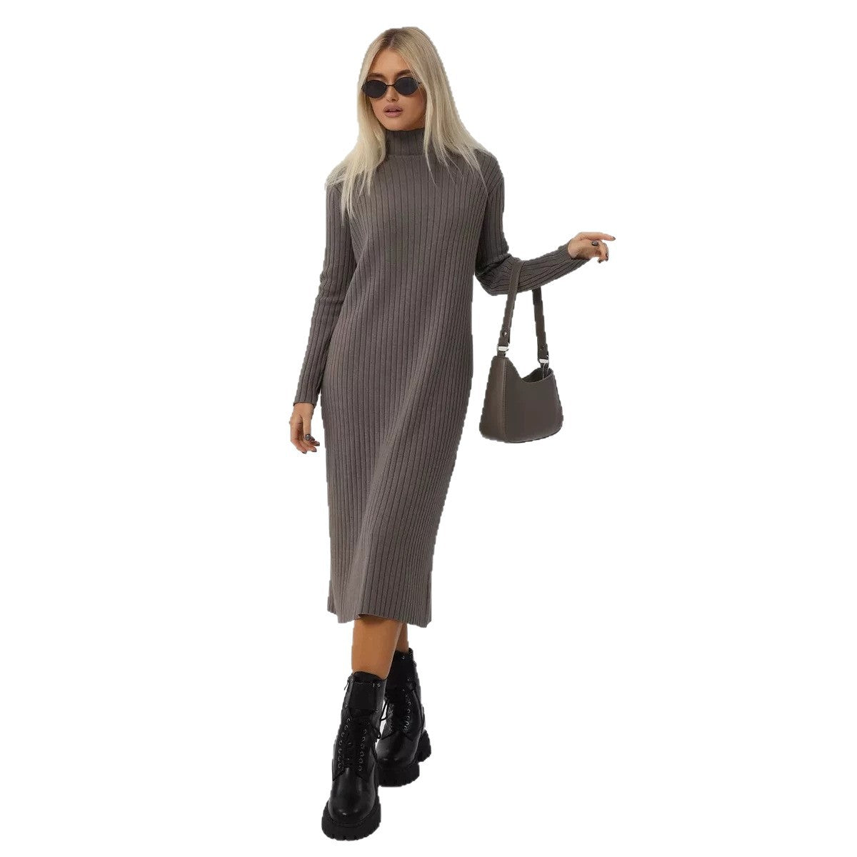 Oversized Sweater Dress in Midi Length — Mock Neck Ribbed Knit with a Relaxed Fit