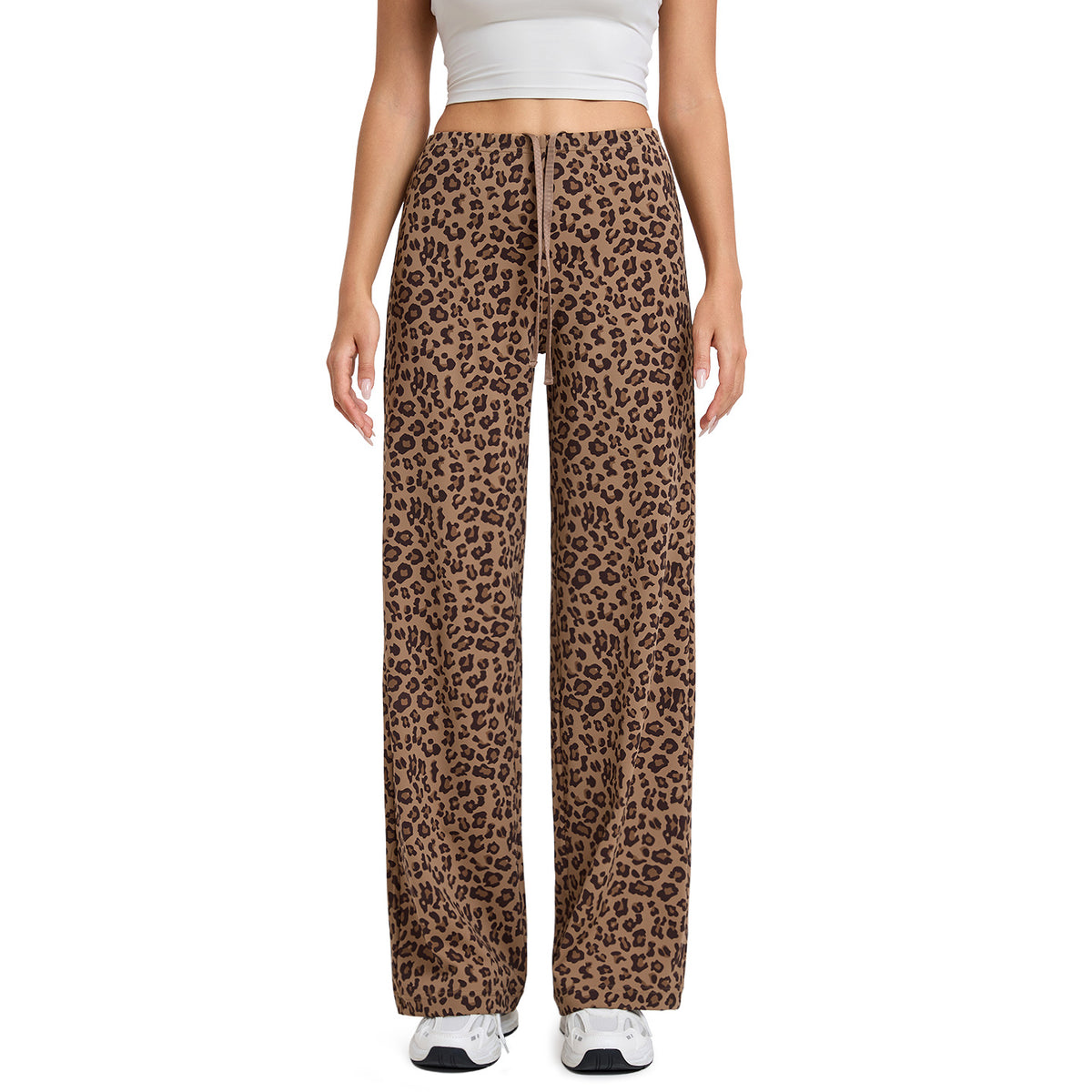 Brown leopard print straight-leg pants, full length, high-rise elastic waist