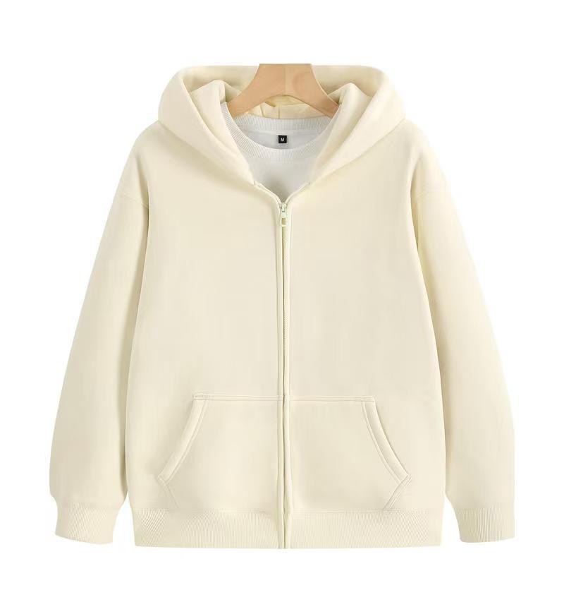 Light apricot zip-up hooded sweatshirt with front pockets, long sleeves