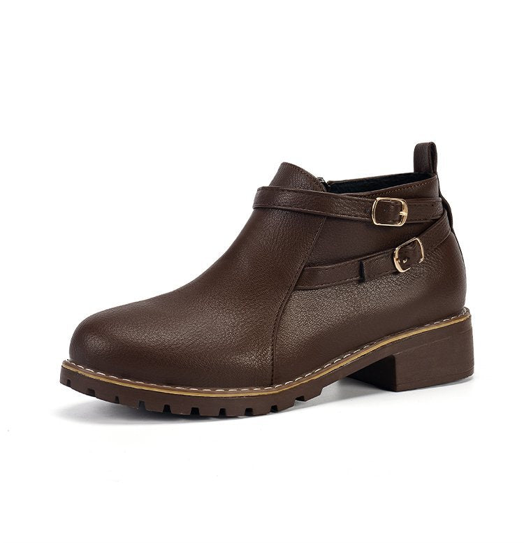 Leather Ankle Boots for Women — Low Block Heel Booties with Buckle Straps
