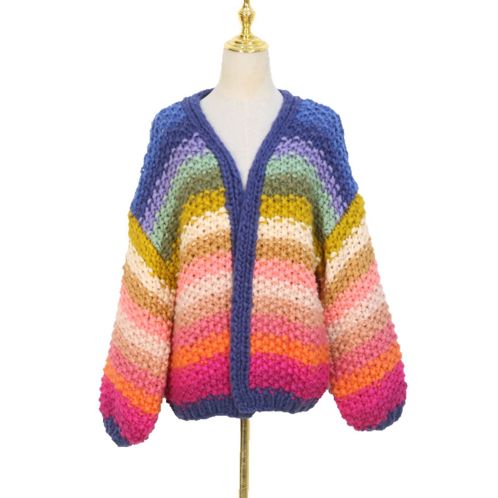 Chunky Knit Cardigan for Women — Oversized Striped Open Front Style in Soft Wool