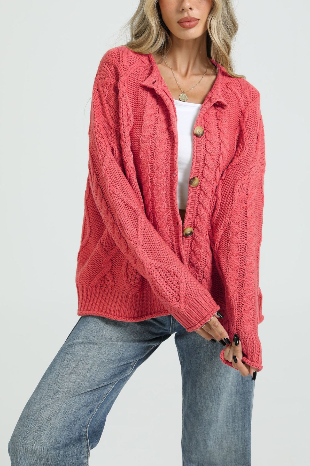 Pink cable-knit button cardigan, loose fit, long sleeves