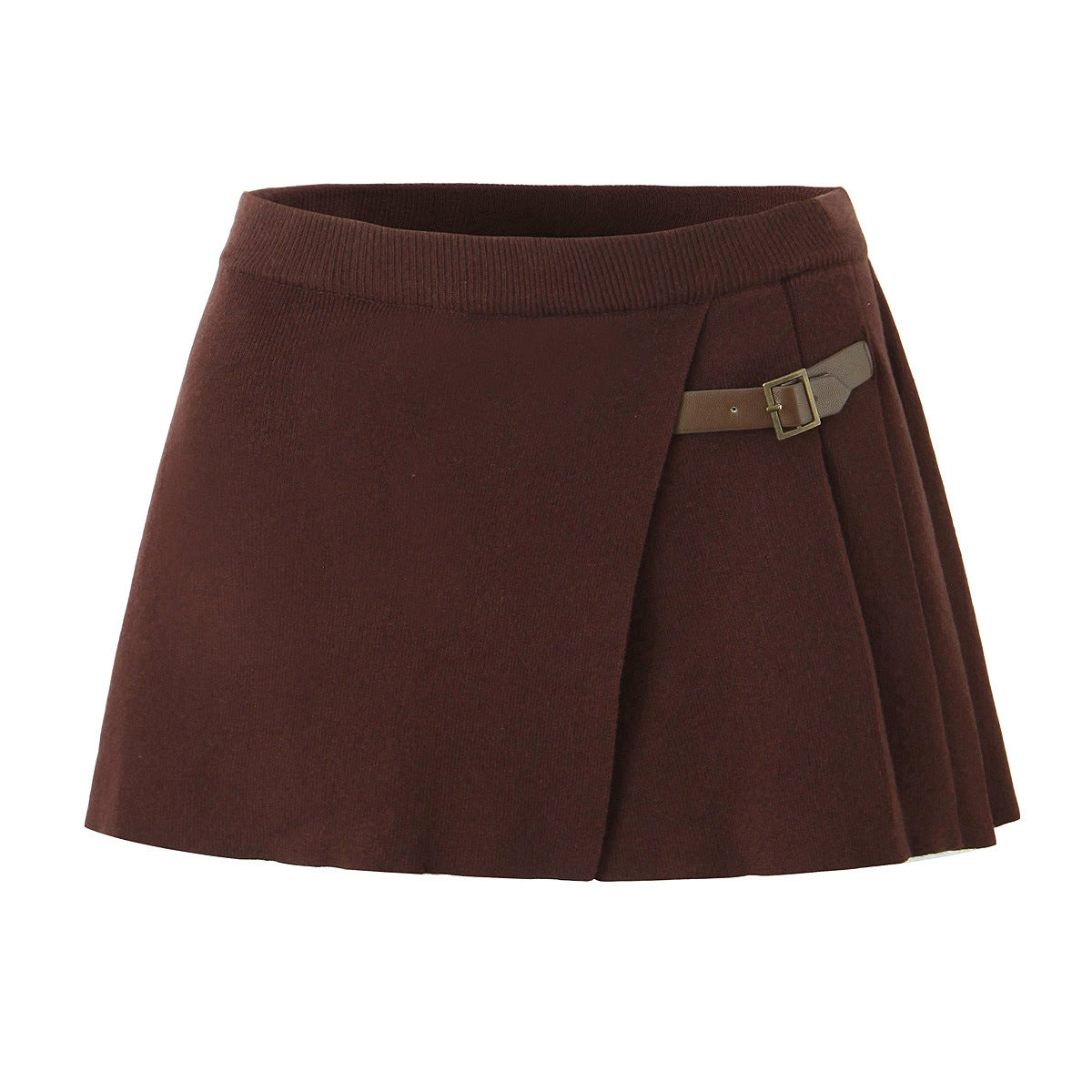 Brown pleated mini skirt with adjustable belt detail