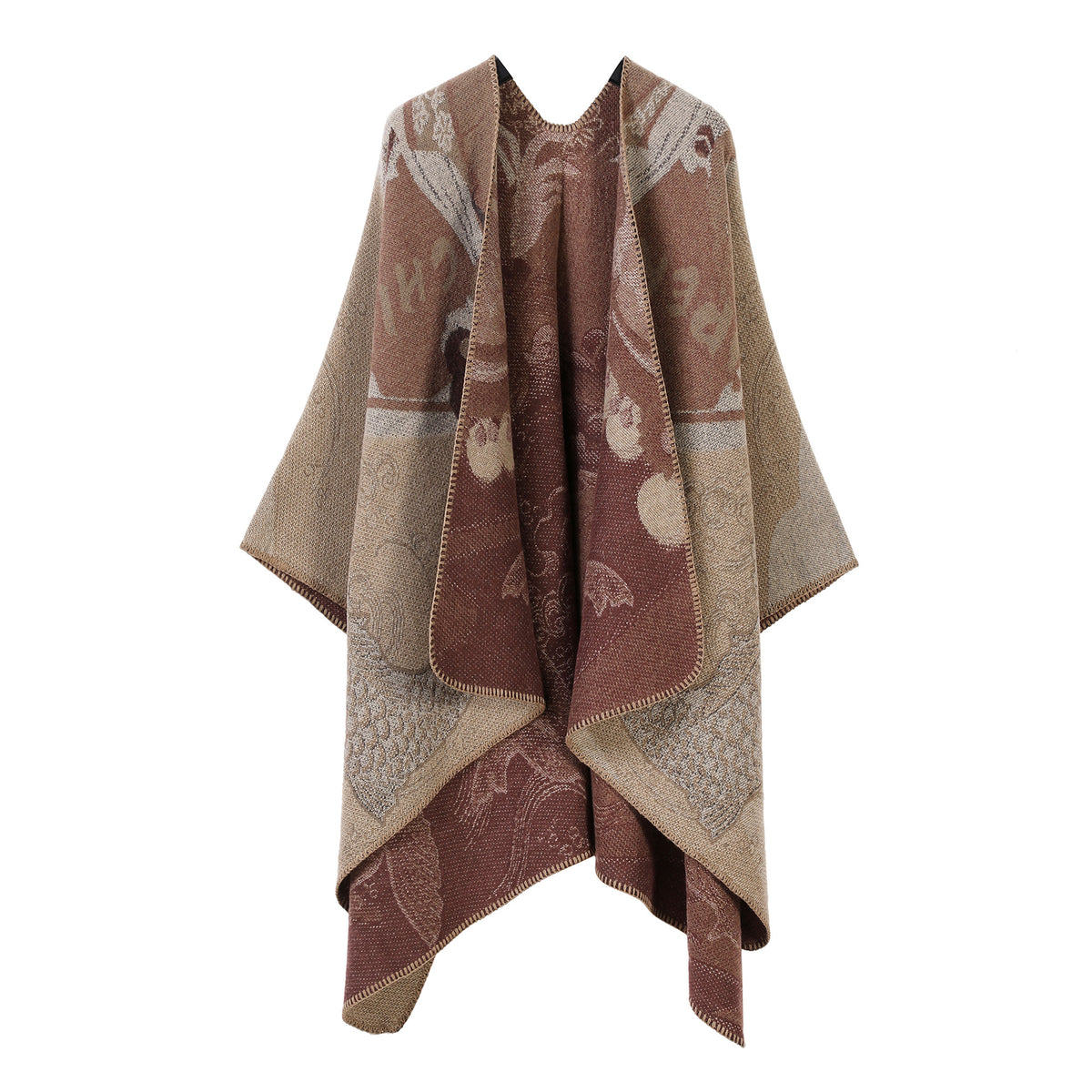 Women’s patterned split cape shawl with tasseled hem, brown and tan medallion print