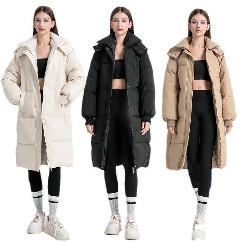 Women’s long hooded puffer cotton coats (off-white, black, beige) on models.