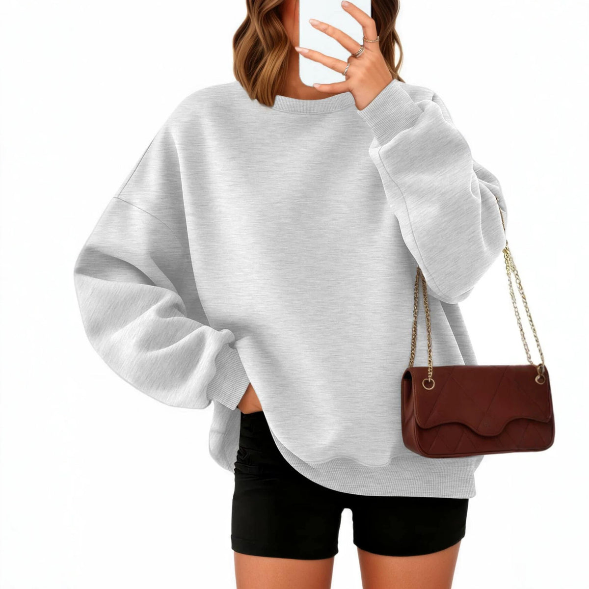 Oversized Crewneck Sweatshirt for Women — Drop Shoulder with Side Slits in Fleece