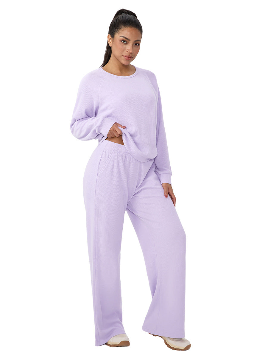 Purple women's long-sleeve lounge set with wide-leg pants, relaxed fit