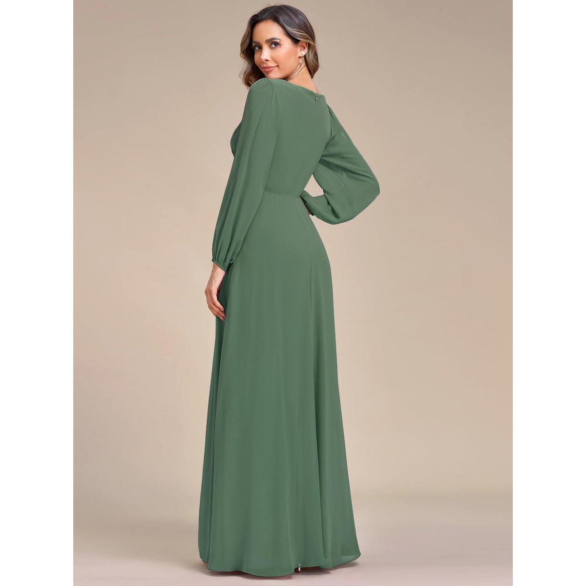 Green V-neck long-sleeve maxi dress, pleated A-line cut and back view with open scoop