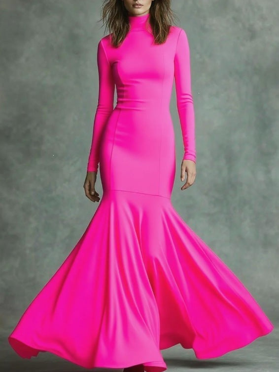 Mermaid Maxi Dress for Women — Long Sleeve Turtleneck Evening Gown in Jersey