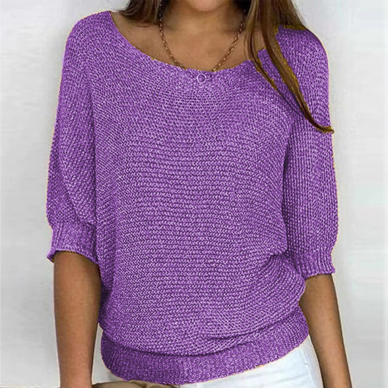 Off-shoulder knit sweater in purple, batwing sleeves with gathered cuff detail