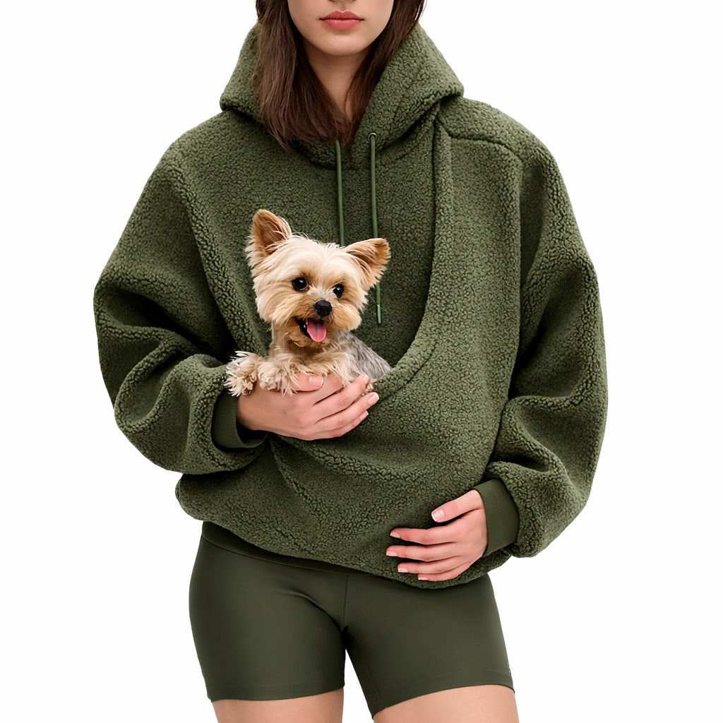 Olive green hooded plush sweatshirt with front pouch pocket and dog