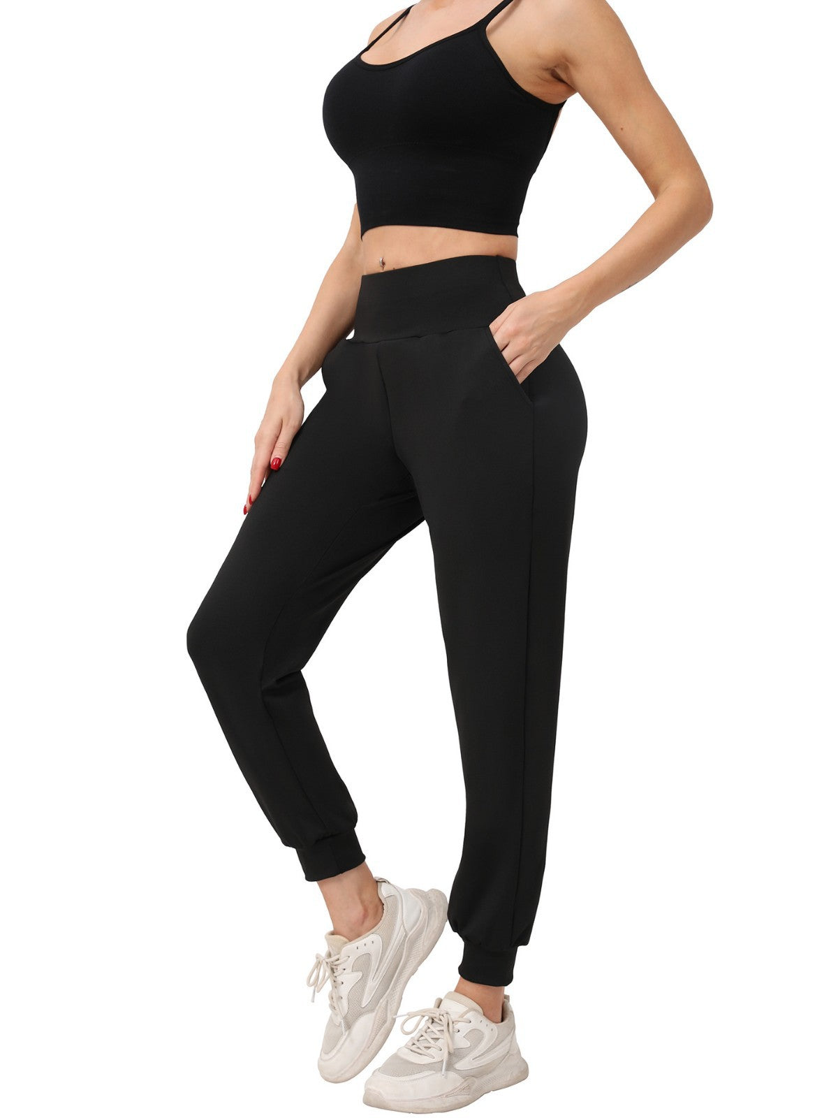 Jogger Pants for Women with Pockets — High Waisted Tapered Fit in Stretch Polyester