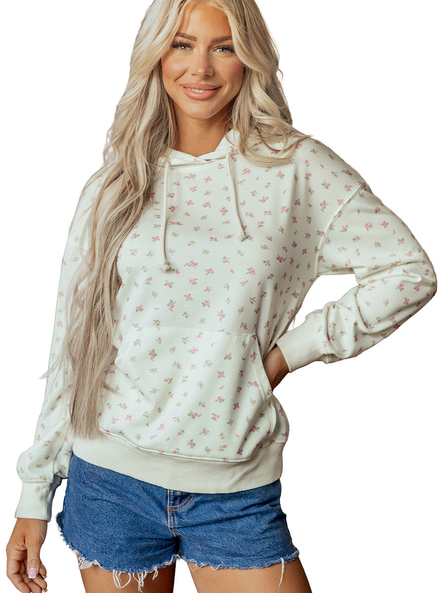 Women's off-white floral print hoodie with hood drawstring and kangaroo pocket