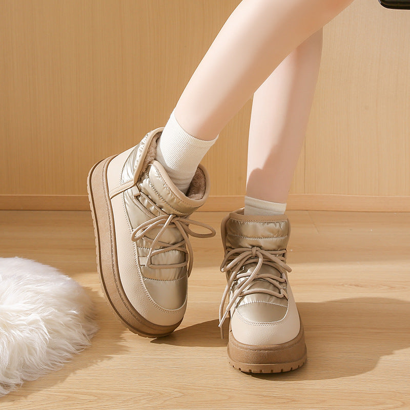 Beige high-top lace-up cotton boots with fleece lining, padded ankle and rubber sole