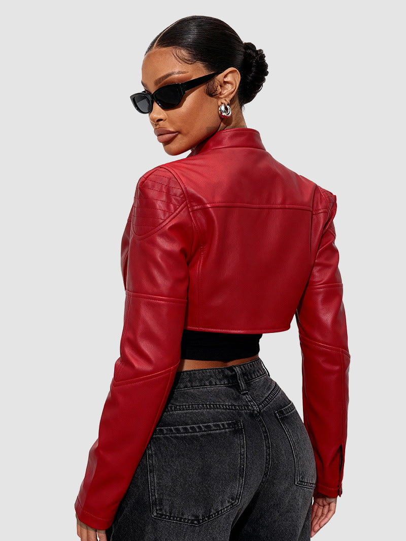 Cropped red moto biker faux leather jacket, back view with stand collar and zip