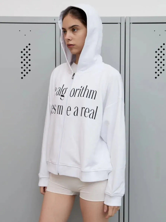 White zip-up hoodie with adjustable hood, front zipper and printed graphic