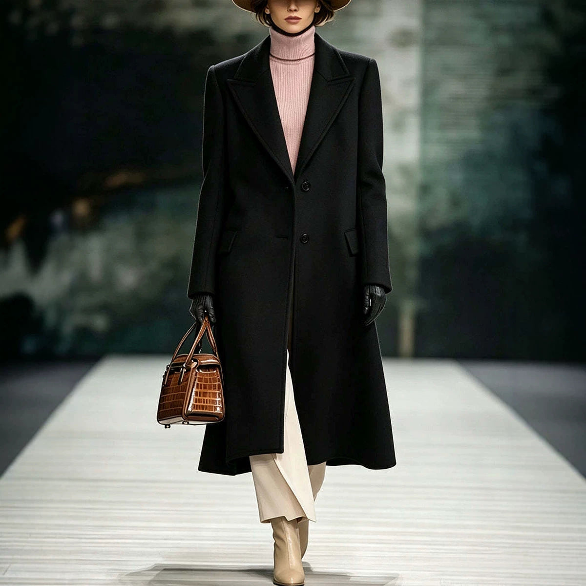 Black maxi wool coat with notch lapels, front buttons, and flap pockets