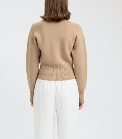 Zip Front Cardigan for Women — Cropped Mock Neck Style in Ribbed Wool Knit