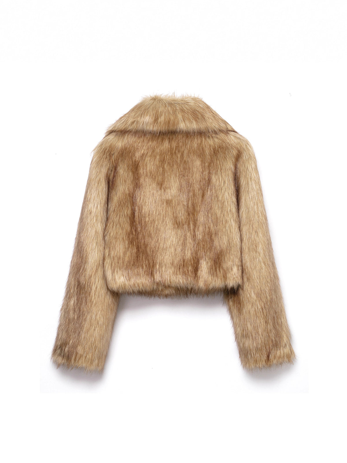 Cropped faux fur jacket, tan brown shaggy pile, back view with cropped hem