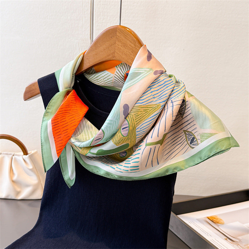 Cat-print silk-look square scarf in cream with green, orange, and rainbow-striped cats