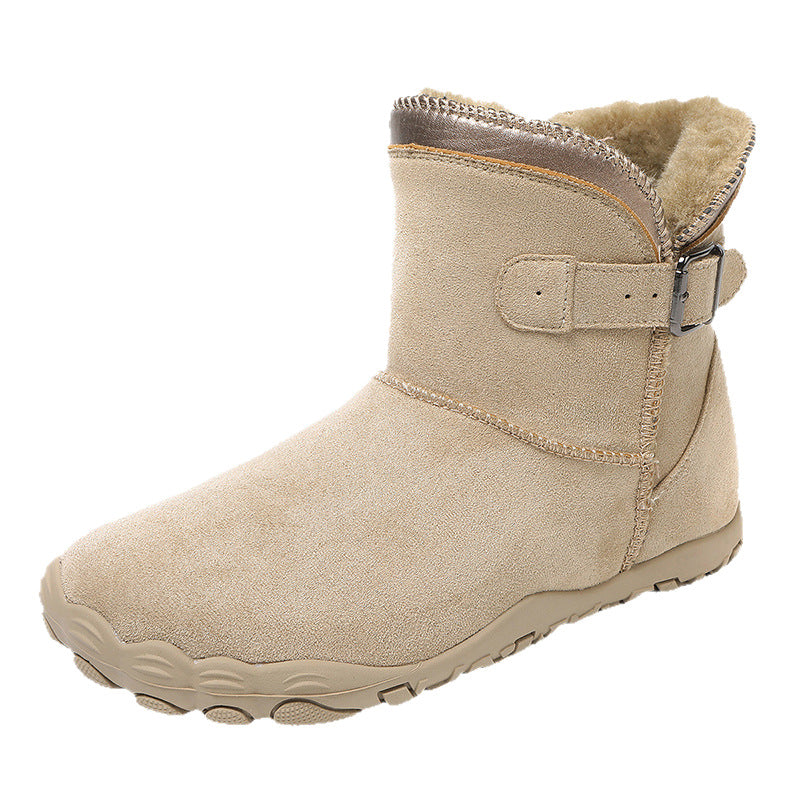Women’s winter cotton snow boots, tan suede with faux fur trim, side buckle closure