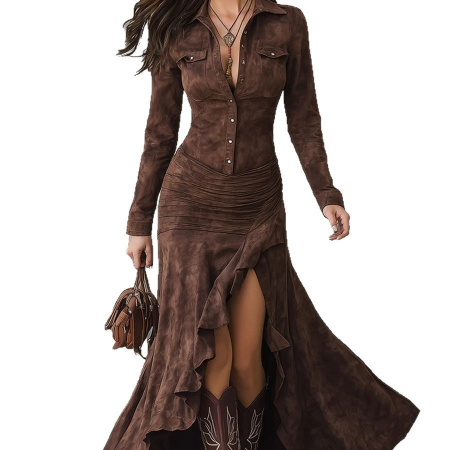Suede Maxi Dress for Women — Western Button Front with a Ruffled High Slit