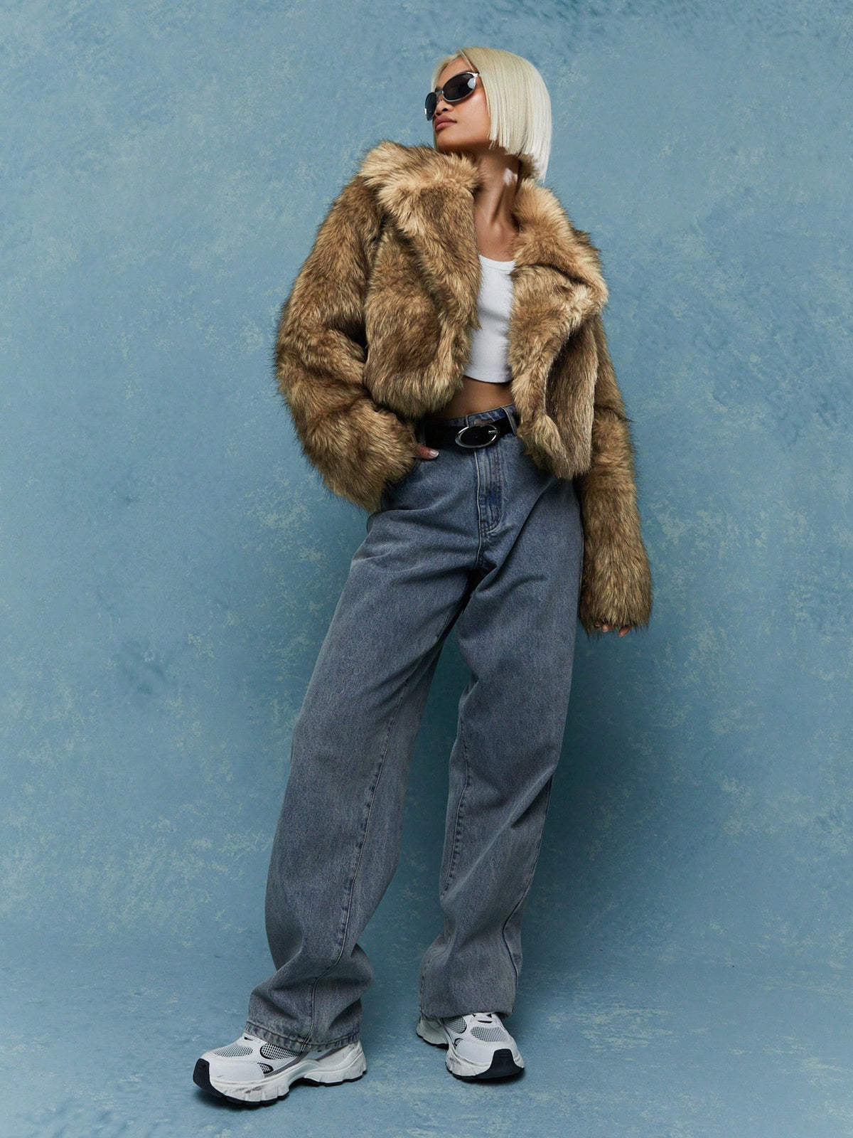 Brown faux fur short coat with turn-down collar, long sleeves, open front style