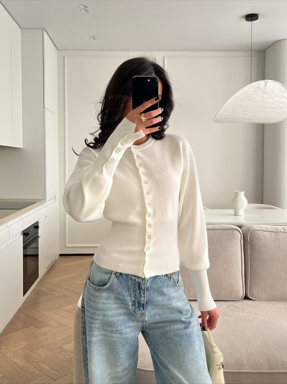 Women’s white ribbed knit cardigan with round neck, button front, long sleeves