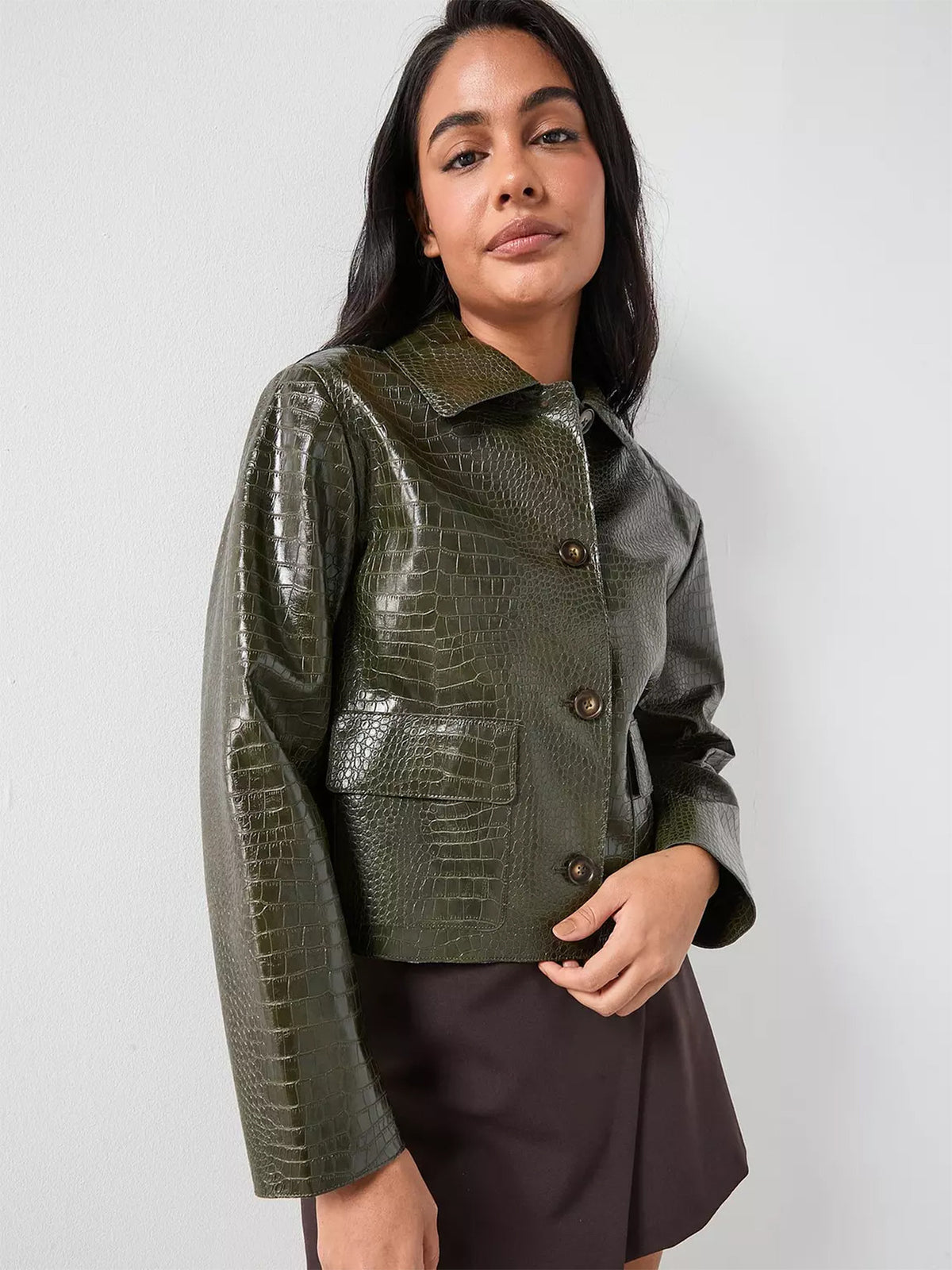 Croc Faux Leather Jacket for Women — Cropped Button Front with Chest Pockets