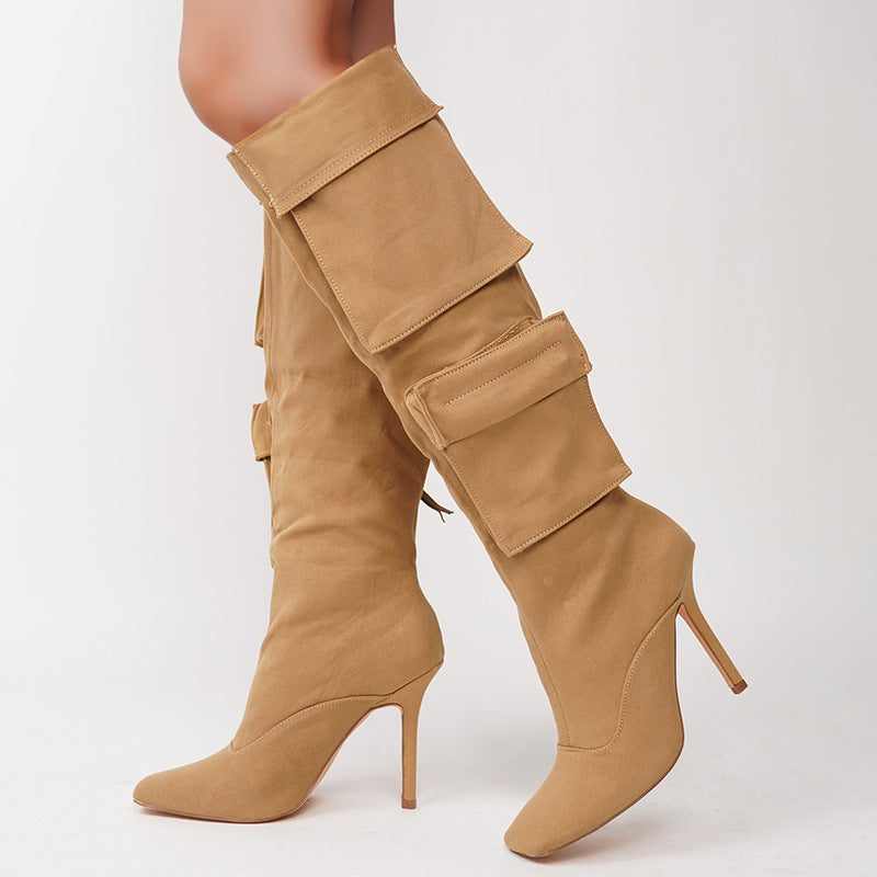 Cargo Knee High Boots for Women — Stiletto Heel with Flap Pockets in Faux Suede
