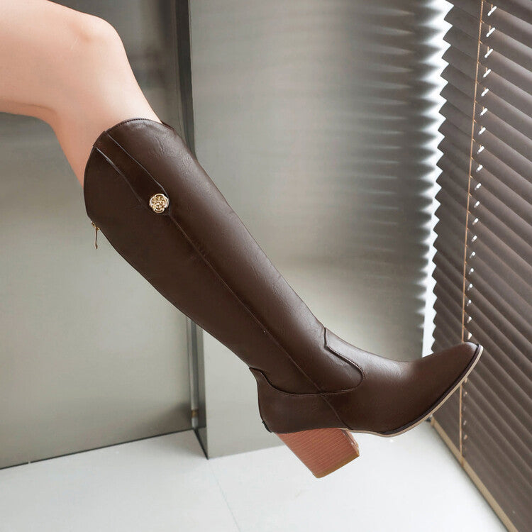 Women’s brown pointed-toe knee-high cowboy boots with block heel and side medallion