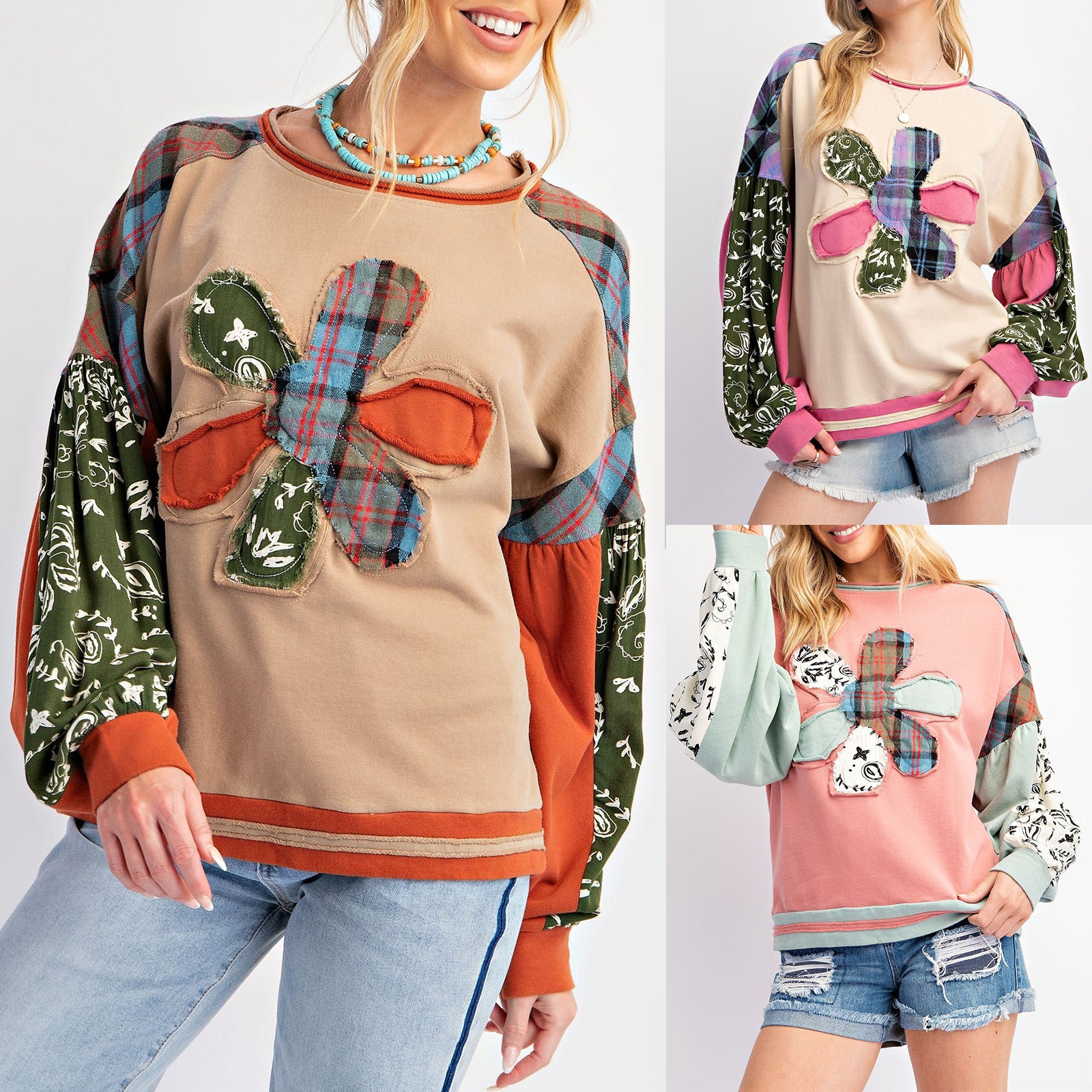 Patchwork Sweatshirt for Women — Oversized Floral Applique Pullover in Soft Cotton