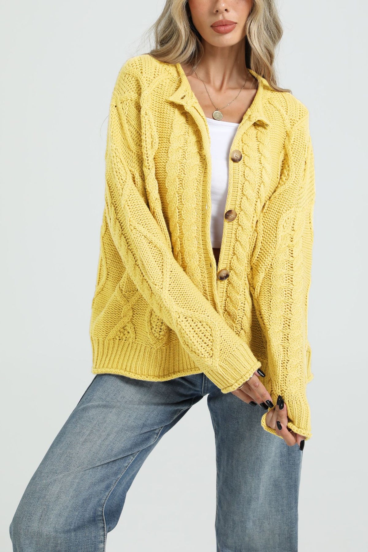 Women’s cable-knit button cardigan in yellow, loose fit, long sleeves