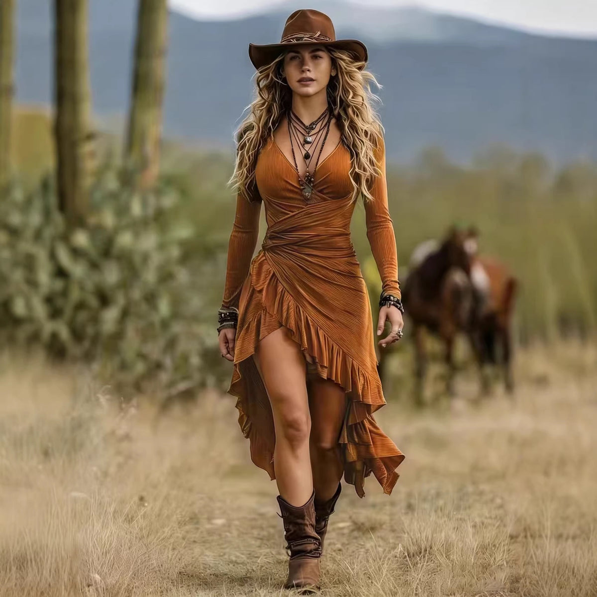 Rust brown bohemian ruffled midi dress with V-neck, long sleeves, and draped asymmetrical skirt