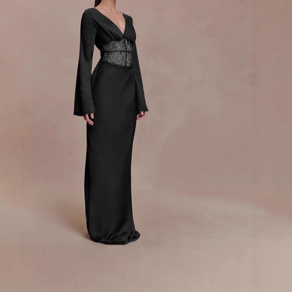 Satin Maxi Dress with Long Sleeves — Deep V Neck Evening Gown with Lace Waist