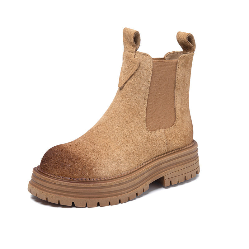 Women’s chunky platform chelsea boots in faux suede, tan brown ankle boots