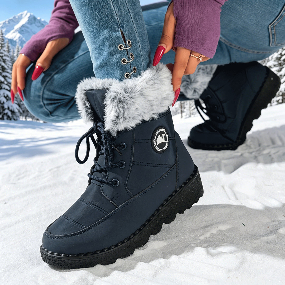 Navy blue lace-up winter boots with faux-fur cuff and thick platform sole