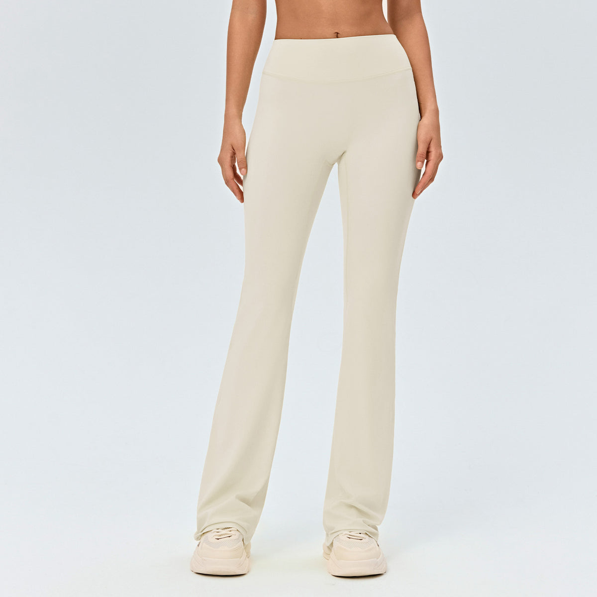 Women’s high-waisted yoga flared pants in off-white, straight-to-flare wide leg