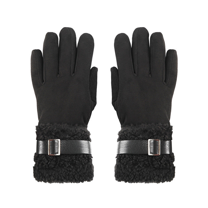 Black suede winter gloves with fleece lining and silver buckle cuff strap