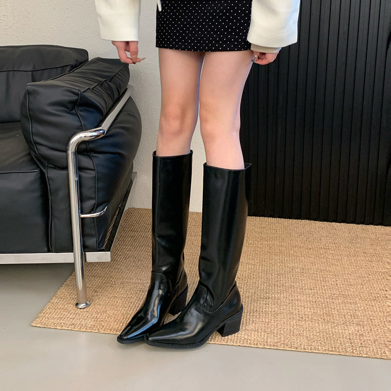 Riding Boots for Women — Knee High Pull On with Square Toe and Block Heel in Faux Leather