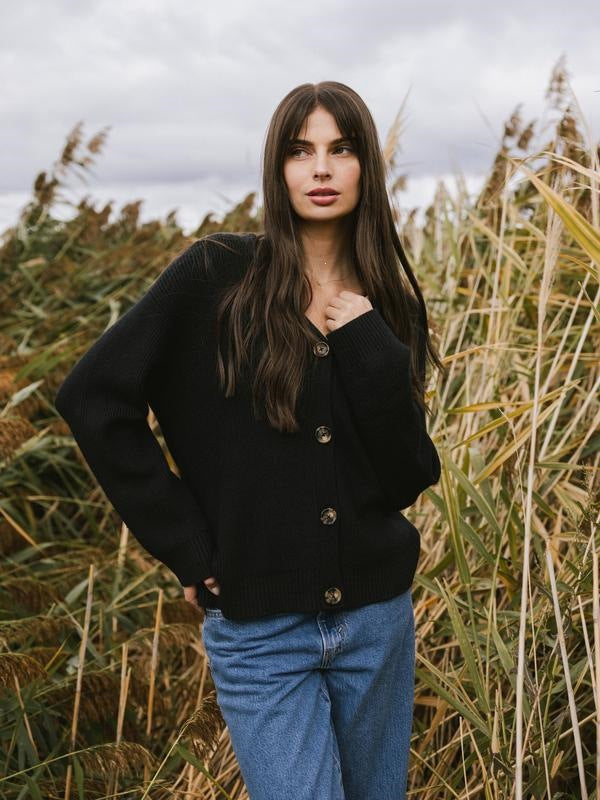 Black ribbed V-neck cardigan with buttons and a relaxed fit