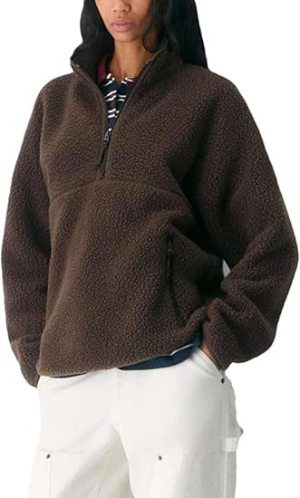 Women's fleece quarter-zip pullover, dark brown, long sleeves, half-zip front